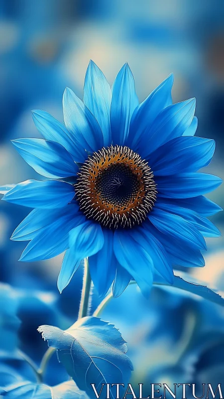 Blue sunflower close-up against soft blurred background.