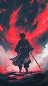 Lone swordsman faces swirling red storm in dark sky.