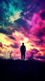 Silhouette person stands under vivid multicolored storm sky