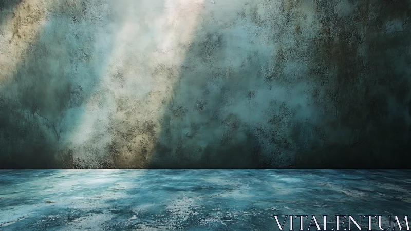 Textured blue interior wall meets worn concrete floor plane