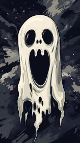 Ghostly white spirit with hollow eyes on dark swirling sky