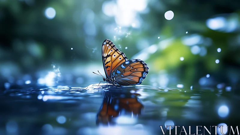 Orange butterfly rests on reflective water under soft bokeh light