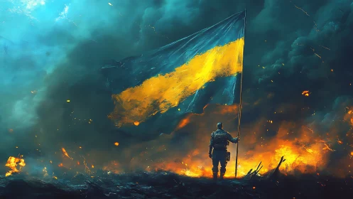 Soldier holding blue yellow war flag amid blazing battlefield.