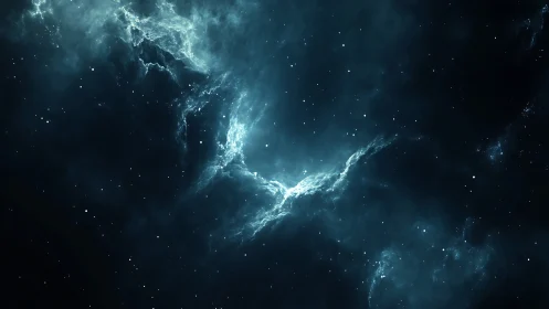 Blue nebula cloud formation against deep space background.