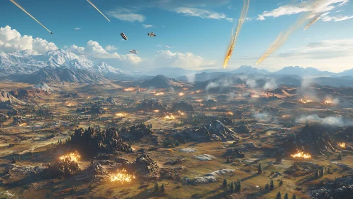 Orbital bombardment over alpine valley under meteor assault