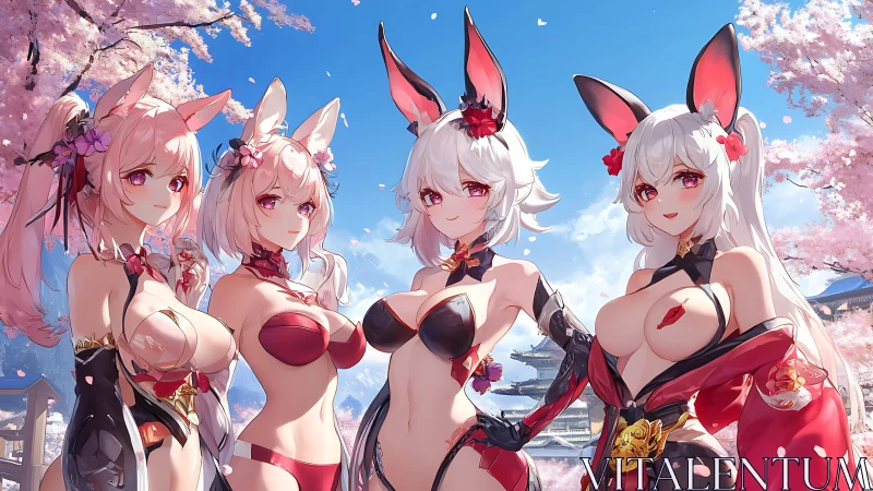Four stylized bunny-eared women stand before cherry blossoms