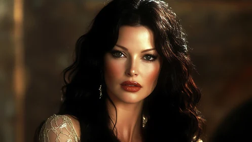 Cinematic portrait of dark haired woman in warm bokeh light.