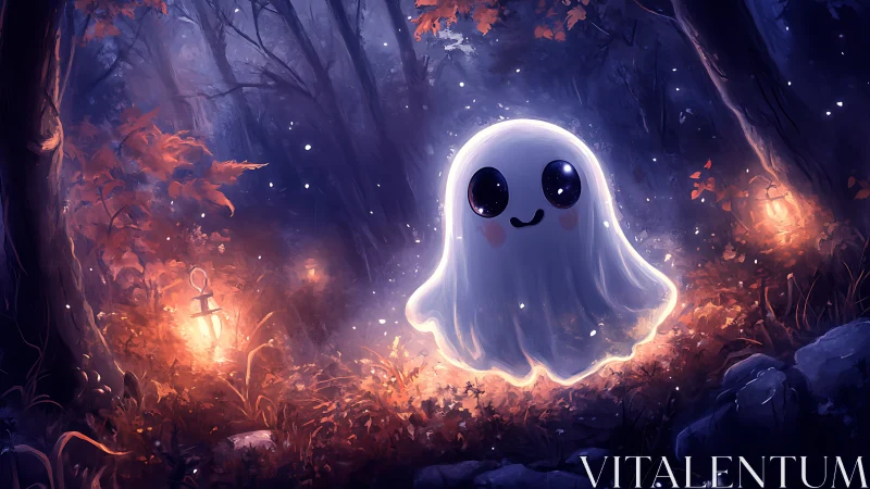 Cute glowing ghost drifts through an enchanted twilight forest