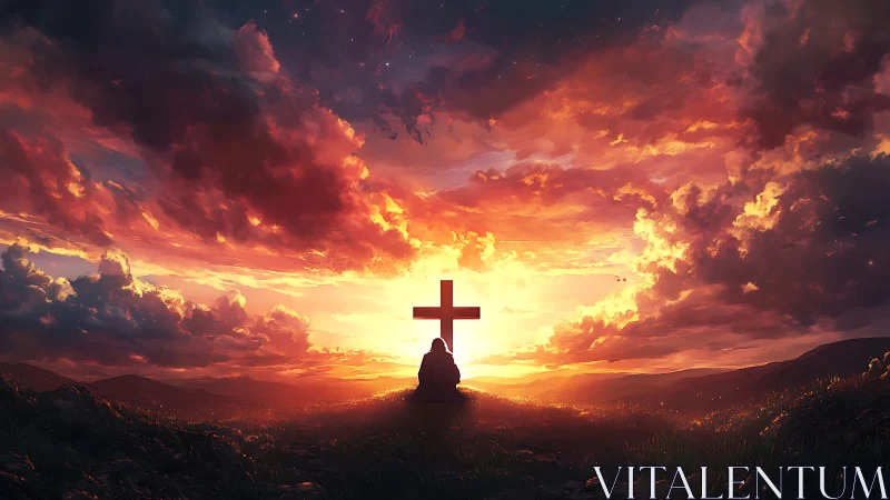 Solitary prayer by a cross glows in a blazing sunset sky