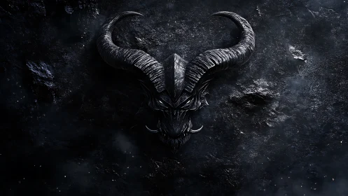 Demonic horned skull emblem sculpted in obsidian relief.