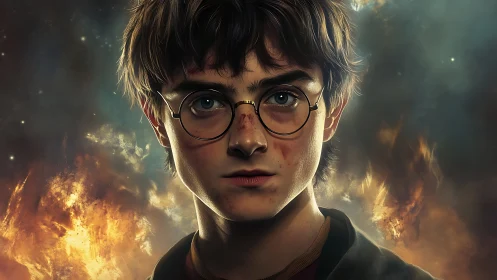 Young wizard portrait stands before swirling fire and smoke