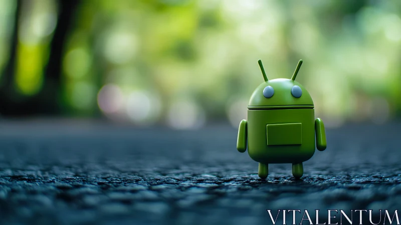 Android robot figurine on textured asphalt under shallow depth