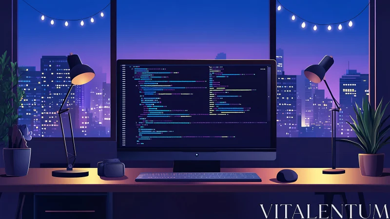 Night city coding workstation with ambient purple lighting.