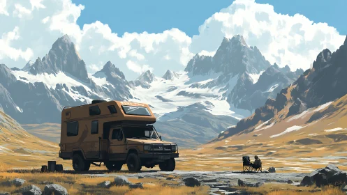 Camper van parked in wide open snowy mountain valley.