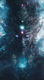 Mythic cosmic deity portrait with glowing central chakras