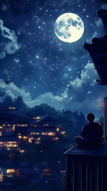 Person sits on balcony watching full moon over lit hillside town
