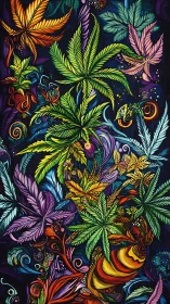 Psychedelic cannabis leaves in dense swirling pattern.