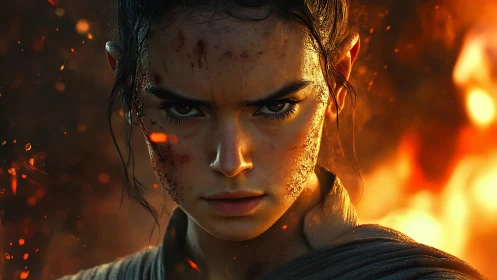 Fierce young warrior holding her ground in swirling fire.