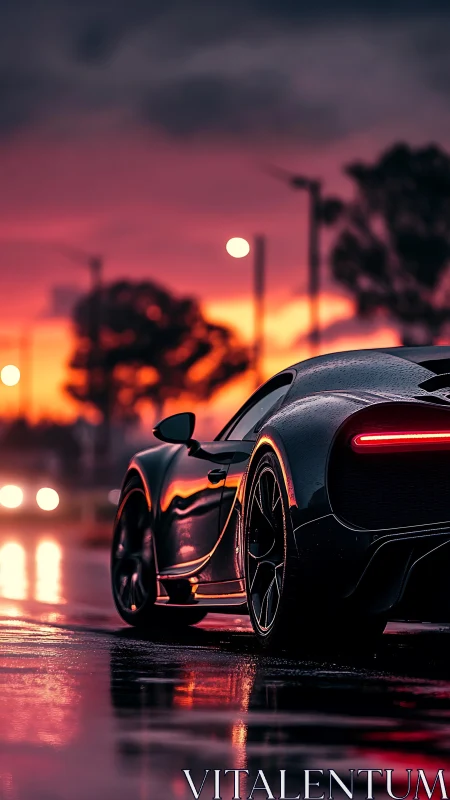 High-performance supercar on wet asphalt under saturated sunset sky