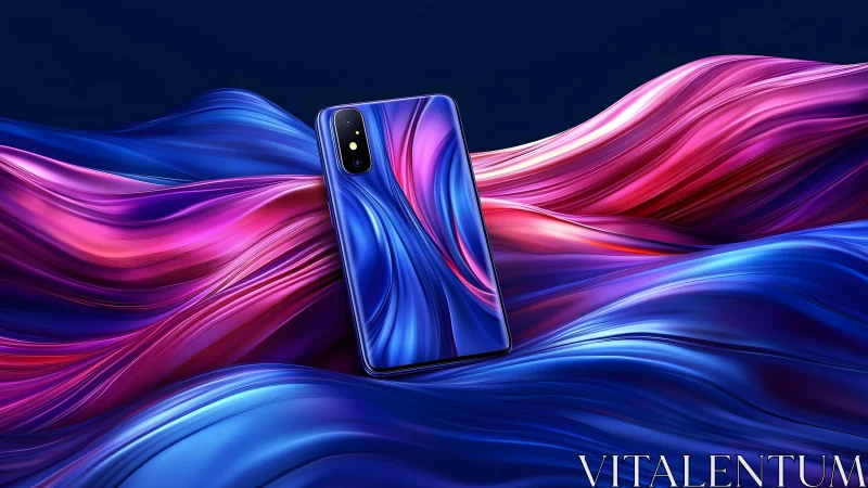 Futuristic smartphone on vibrant abstract waves, digital art style.