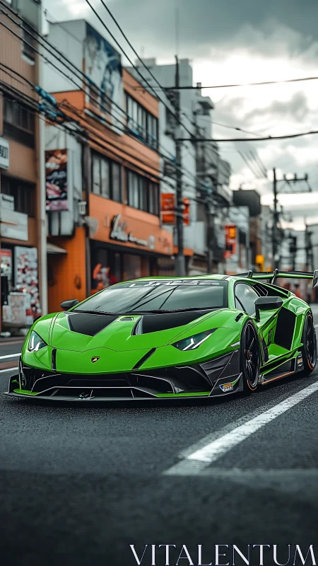 Green Lamborghini sports car parked on rainy city street.