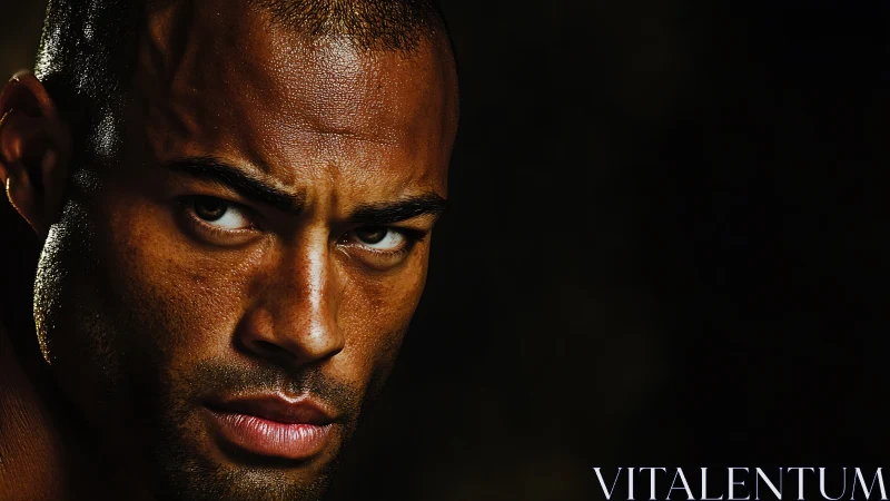 Intense low-key portrait with dramatic side lighting focus.