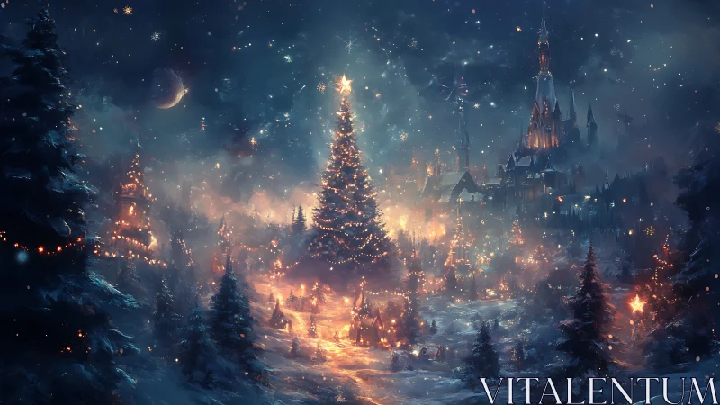 Magical winter village glowing around a starlit tree.