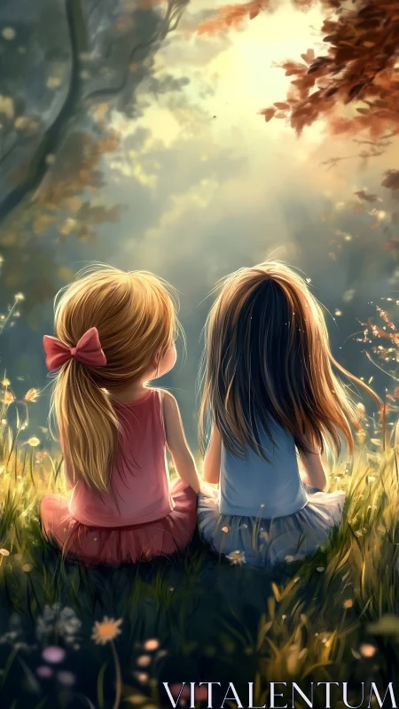 Backlit meadow scene captures two girls in soft volumetric light