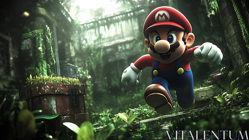 Mario dashes through a lush overgrown ruin in vivid 3D