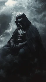 Dark armored figure seated in swirling gray smoke atmosphere.