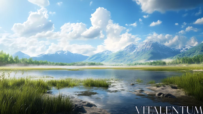 Photorealistic alpine lake panorama with luminous cloudscape.