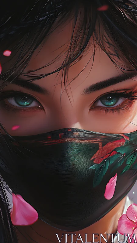 Emerald eyes whisper stories behind the painted silk mask