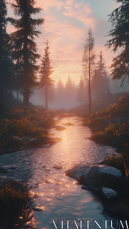 Sunset river whispering through mist-draped evergreen forest.