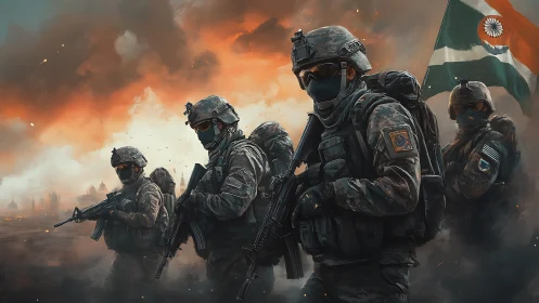 Armored infantry squad in cinematic battlefield inferno composition.