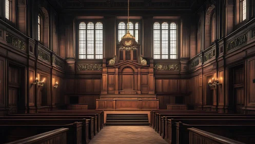 Majestic wooden courtroom glows with stately morning light.