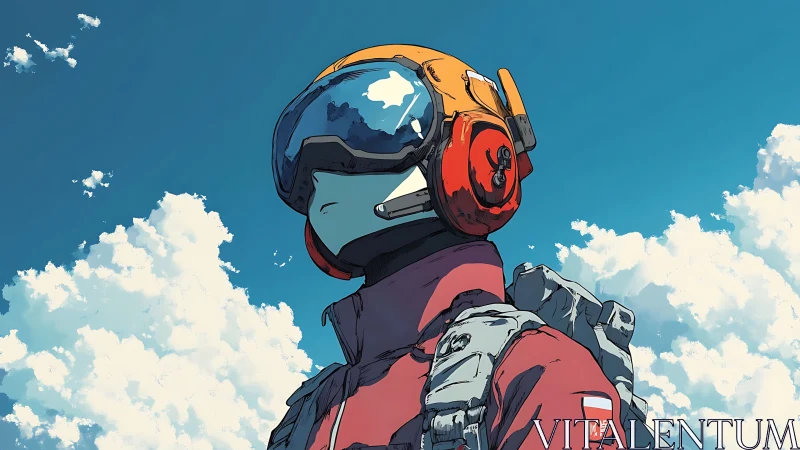 Skybound wanderer in scarlet flight gear under dreaming clouds.