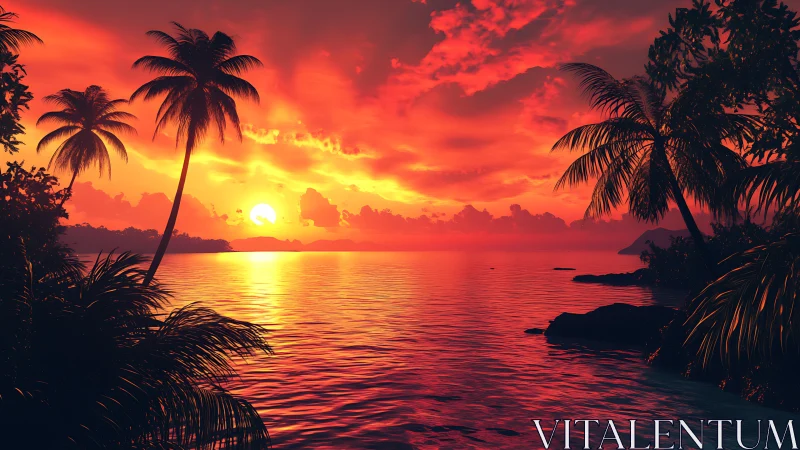 Fiery tropical sunset over calm palm-framed shoreline.