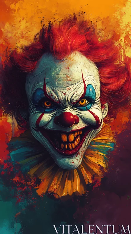 Sinister neon clown portrait with intense fiery palette.