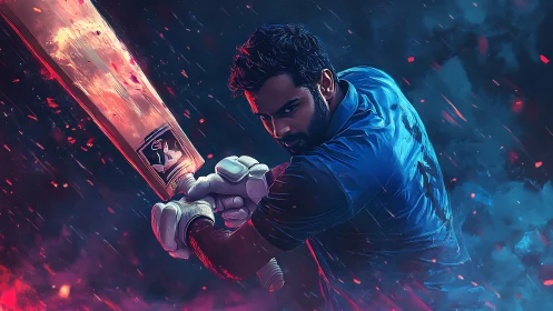 Cricketer in dynamic batting pose under neon rain.