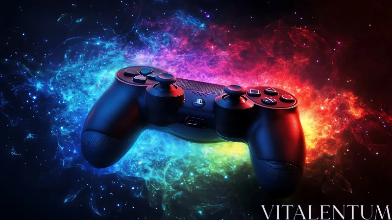 Cosmic gamepad sails through neon starlight and digital fire