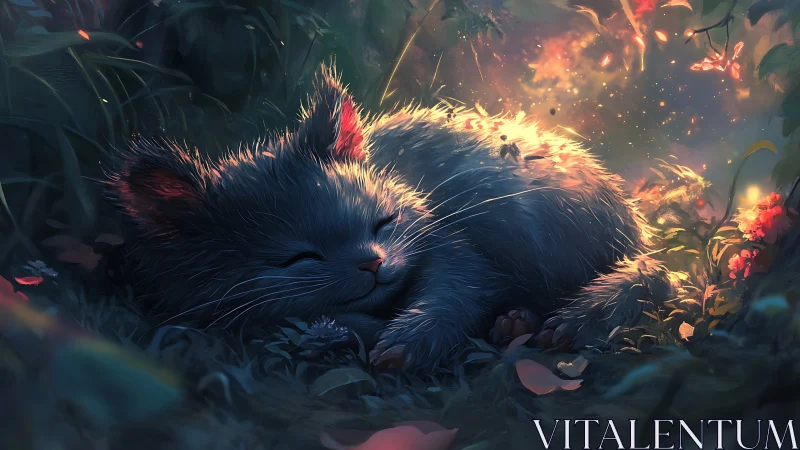 Luminescent Cat Dreams Amid Burning Garden Blooms.