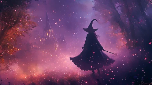 Silhouetted witch surveys luminous castle in violet dusk.