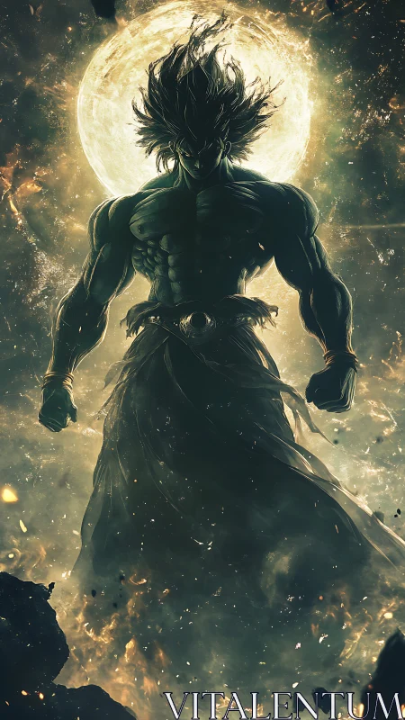 Silhouetted muscular figure before full moon in smoke-filled sky.