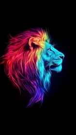 Radiant neon lion gazes calmly into the dark night