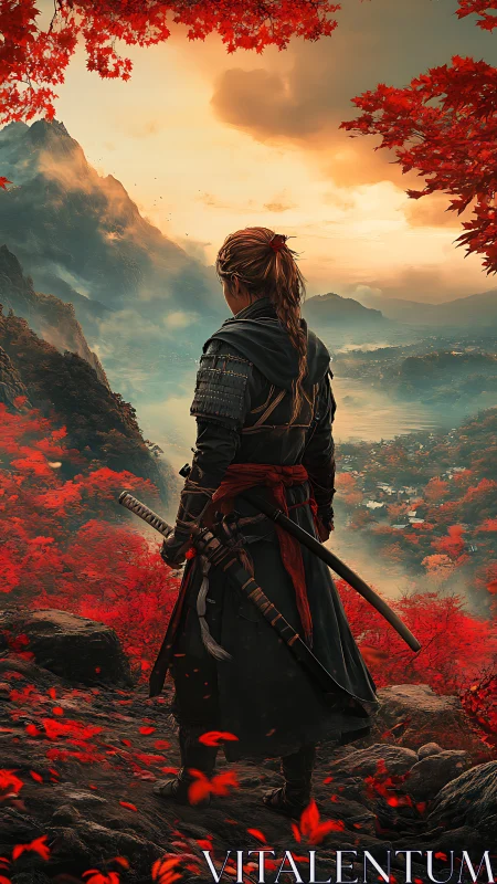 Lone samurai surveys crimson valley beneath ember skies.