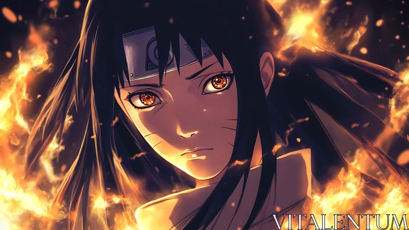 Firelit ninja gaze framed by swirling embers of resolve.