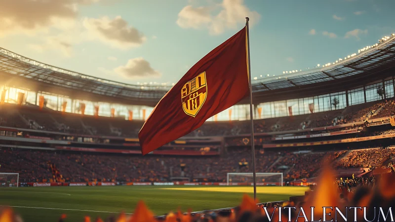 Red club flag near corner of modern football stadium field.