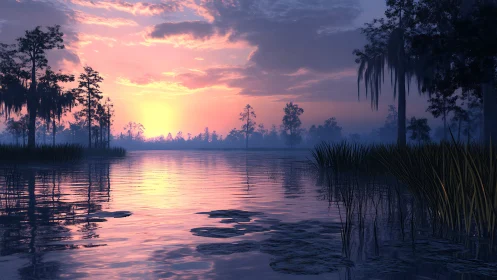 Gentle sunset glow over a quiet misty lakeside marsh.