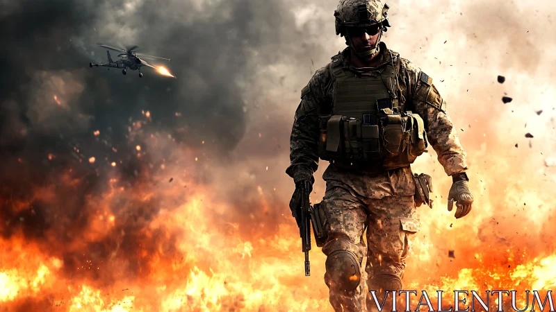 Heavily armed soldier advancing through battlefield firestorm