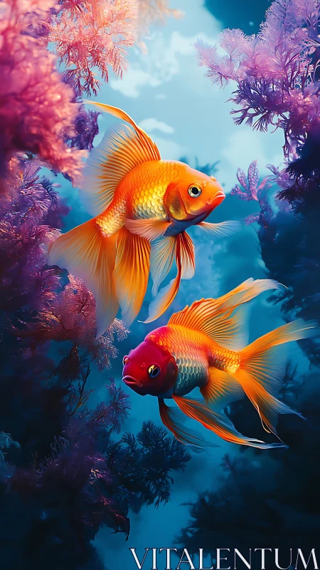 Vibrant goldfish glide through neon coral forest seascape.